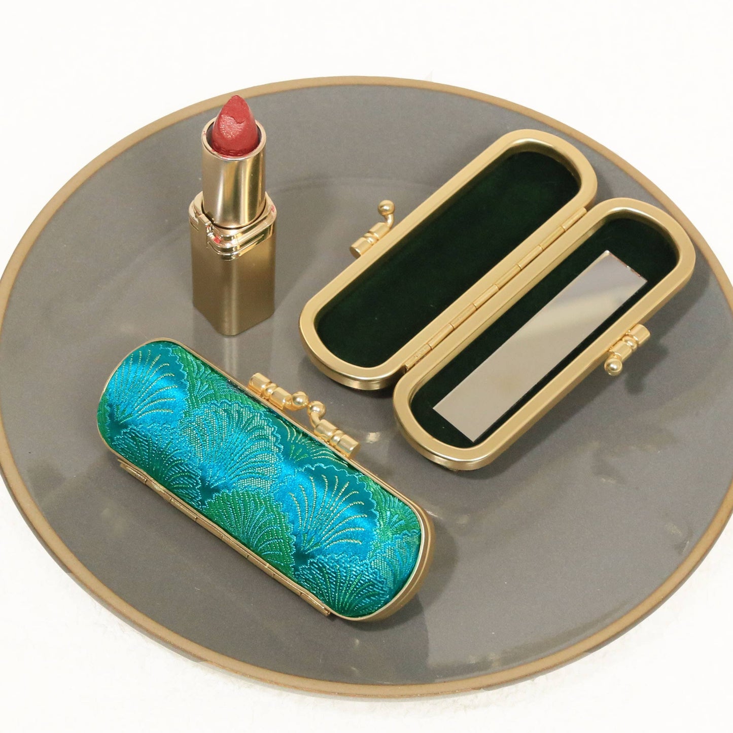 Seashell Pattern Mirrored Lipstick Case | Teal/Green