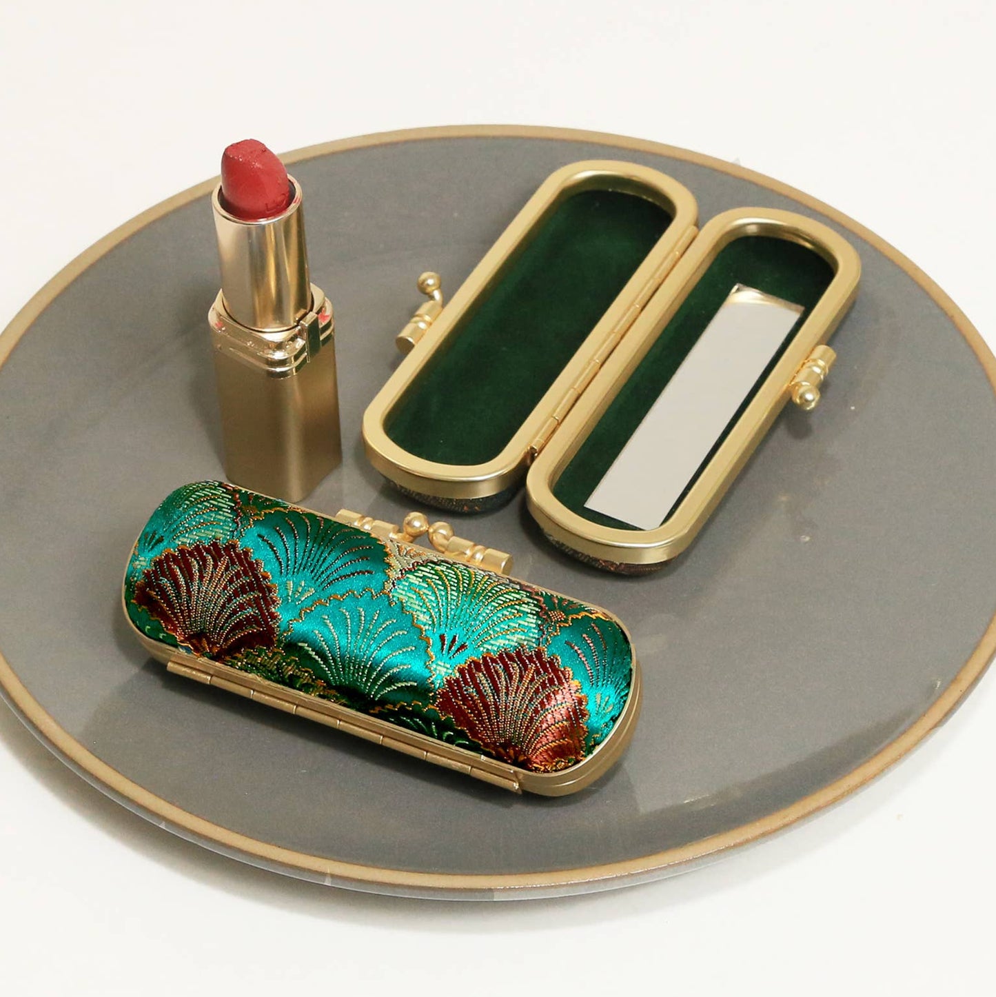 Seashell Pattern Mirrored Lipstick Case | Teal/Copper