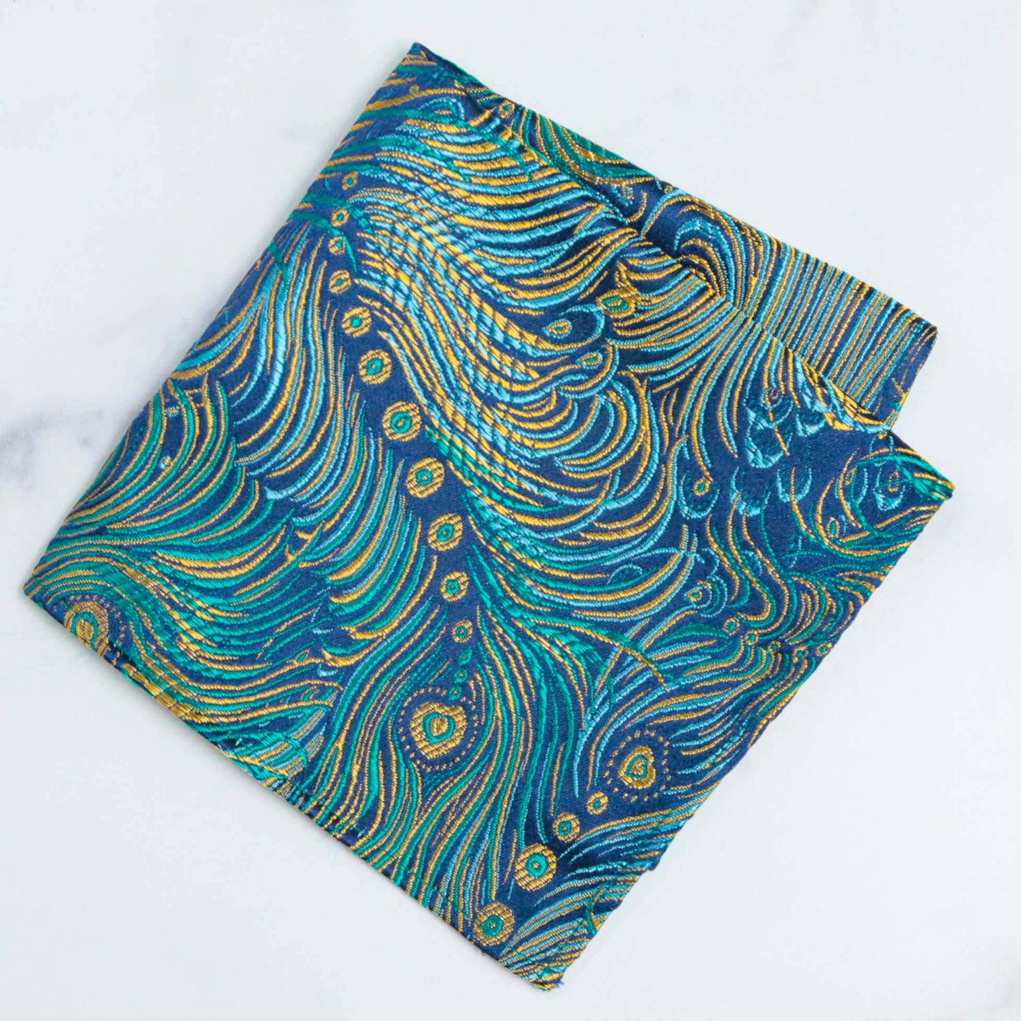 Peacock Brocade Pocket Square | Blue & Gold
