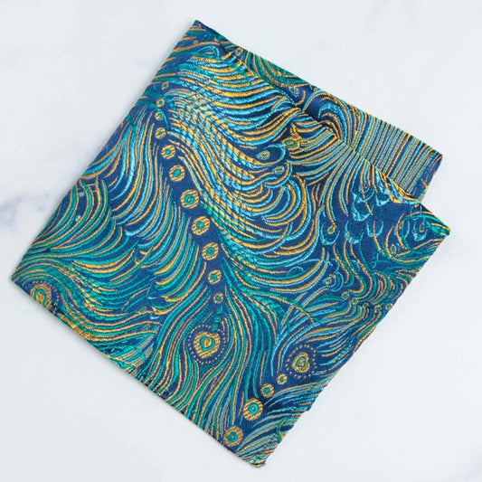 Peacock Brocade Pocket Square | Blue & Gold