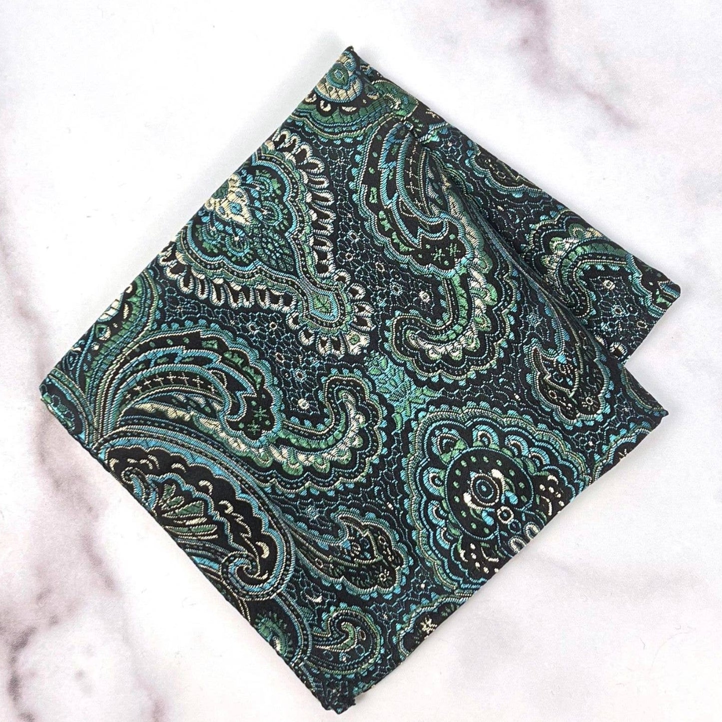 Paisley Pattern Brocade Pocket Square | Teal/Black