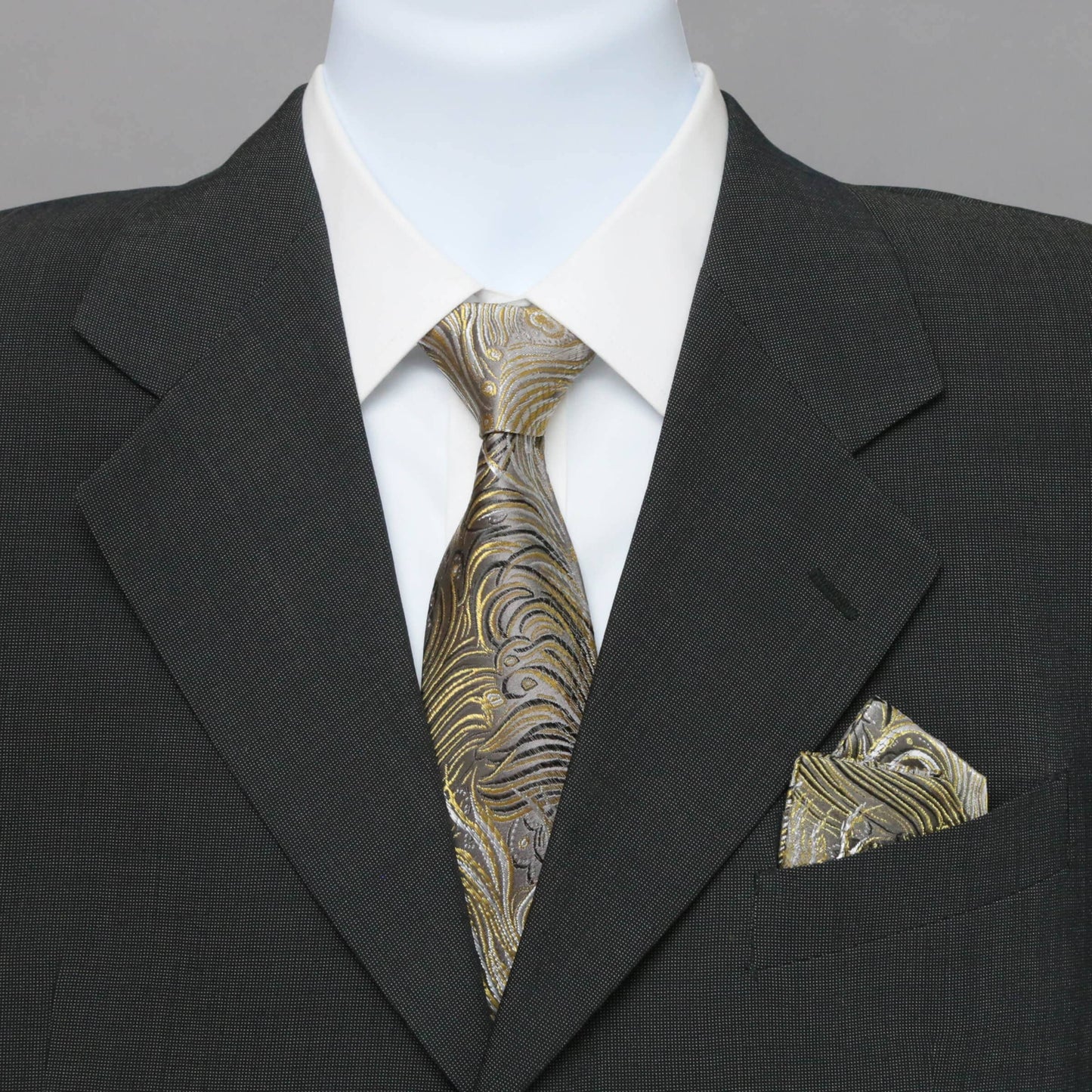 Peacock Pattern Necktie | Gray/Gold