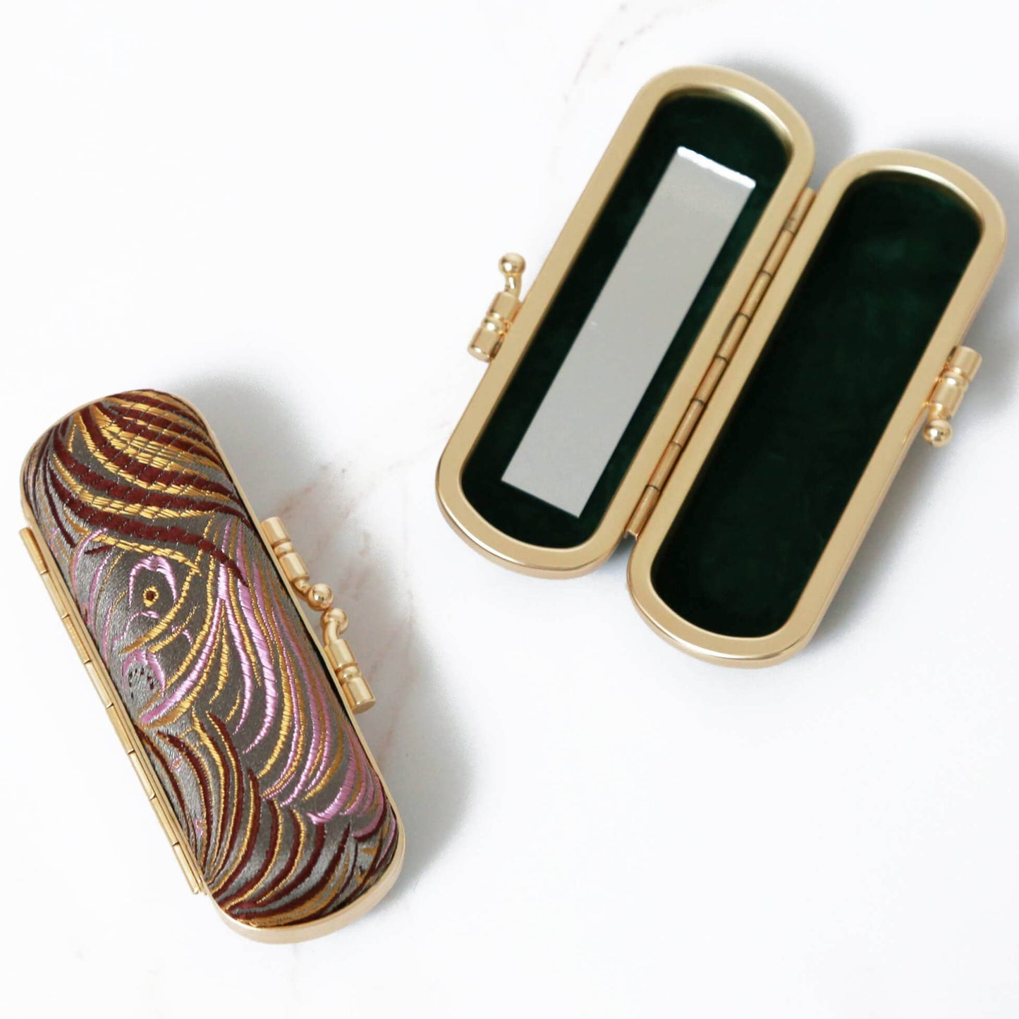 Peacock Pattern Mirrored Lipstick Case | Gray/Pink