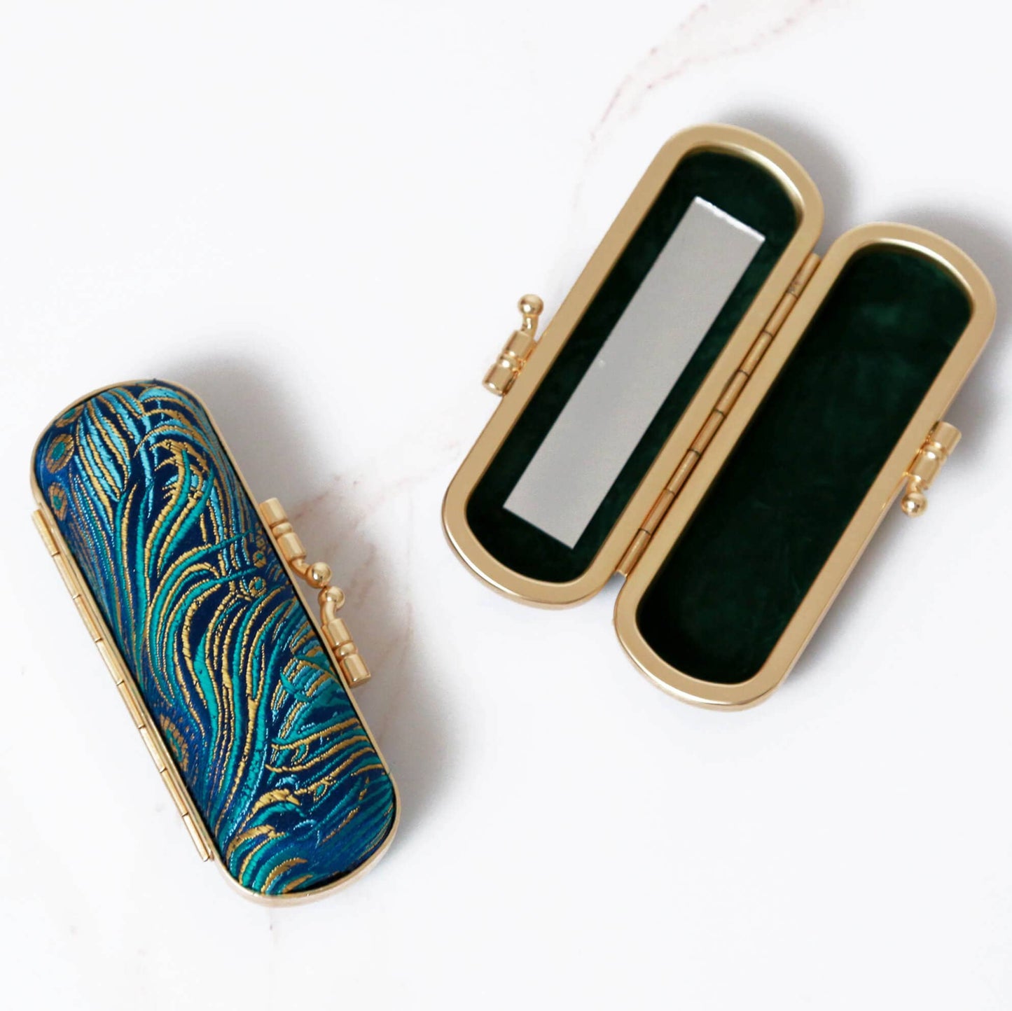 Peacock Pattern Mirrored Lipstick Case | Blue/Gold