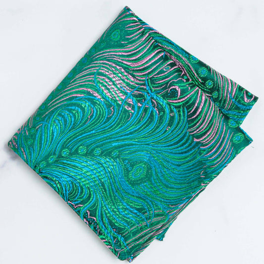 Peacock Brocade Pocket Square | Teal/Pink