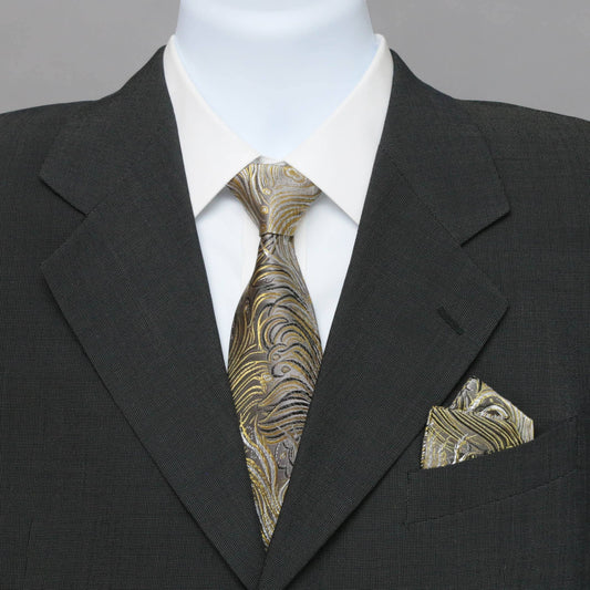 Peacock Pattern Necktie | Gray/Gold