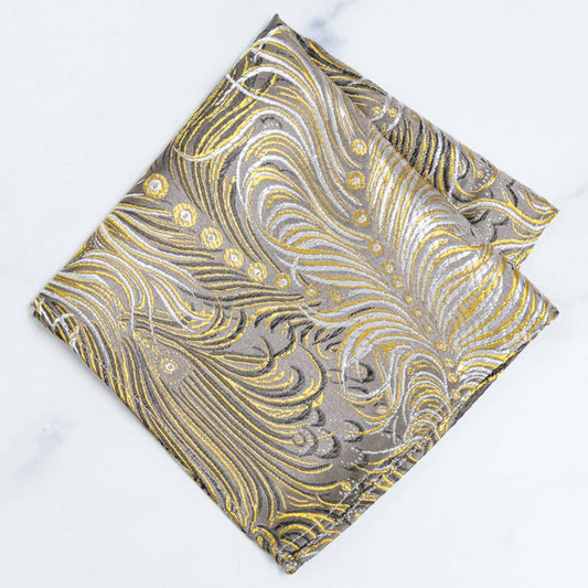 Peacock Pattern Pocket Square | Gray & Gold