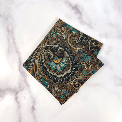 Paisley Pattern Brocade Pocket Square | Black & Orange