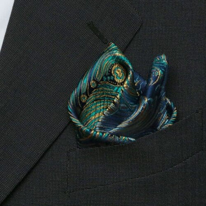 Peacock Feather Brocade Pocket Square | Blue & Gold