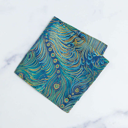 Peacock Feather Brocade Pocket Square | Blue & Gold