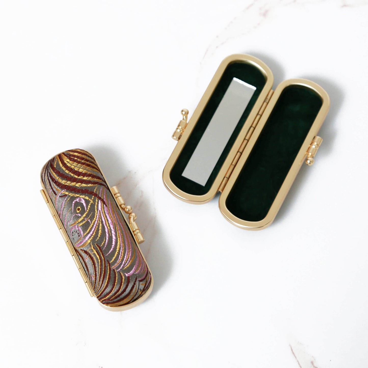 Brocade Peacock Print Lipstick Case w/ Mirror