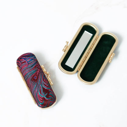 Brocade Peacock Print Lipstick Case w/ Mirror