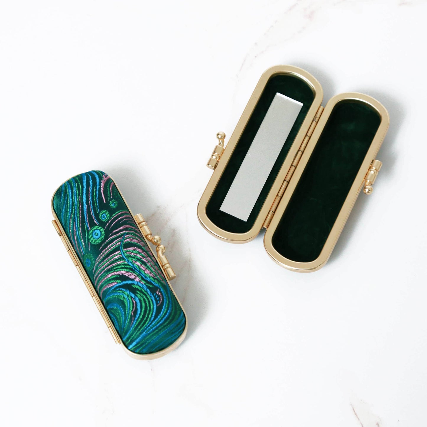 Brocade Peacock Print Lipstick Case w/ Mirror
