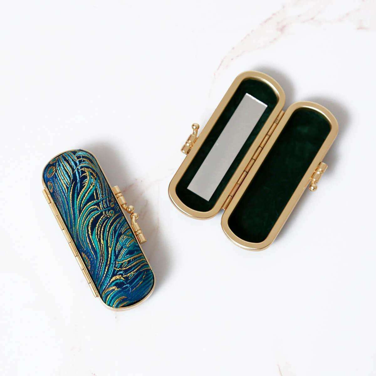 Peacock Brocade Lipstick Holder with Mirror