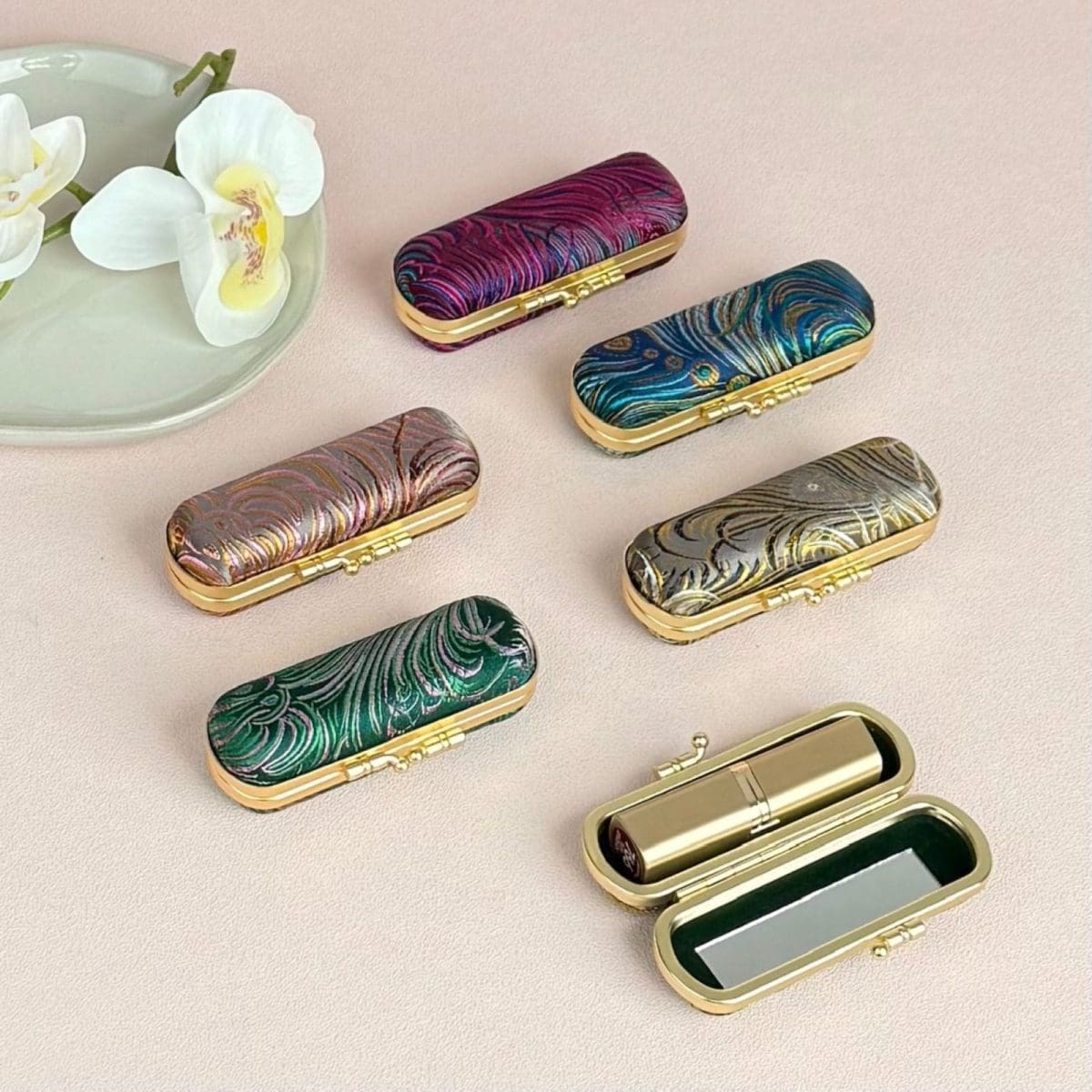 Peacock Brocade Lipstick Holder with Mirror