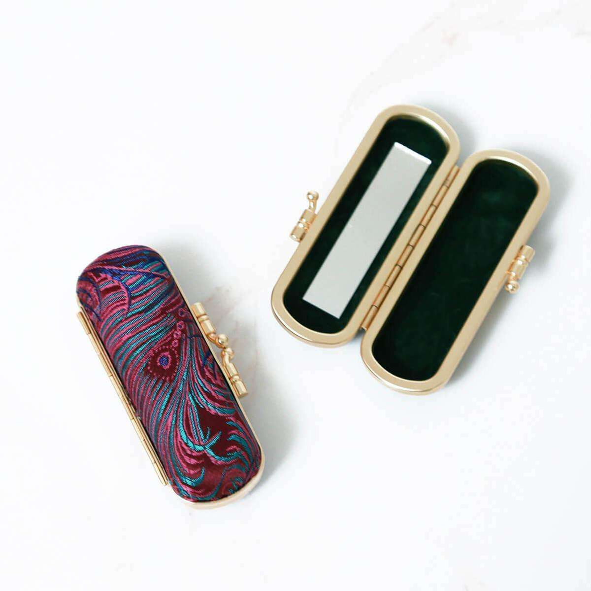 Peacock Brocade Lipstick Holder with Mirror