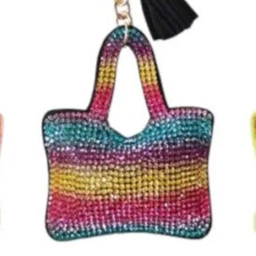 Keyring Bag Charm w/ Tassel | Multicolor Rhinestone Handbag