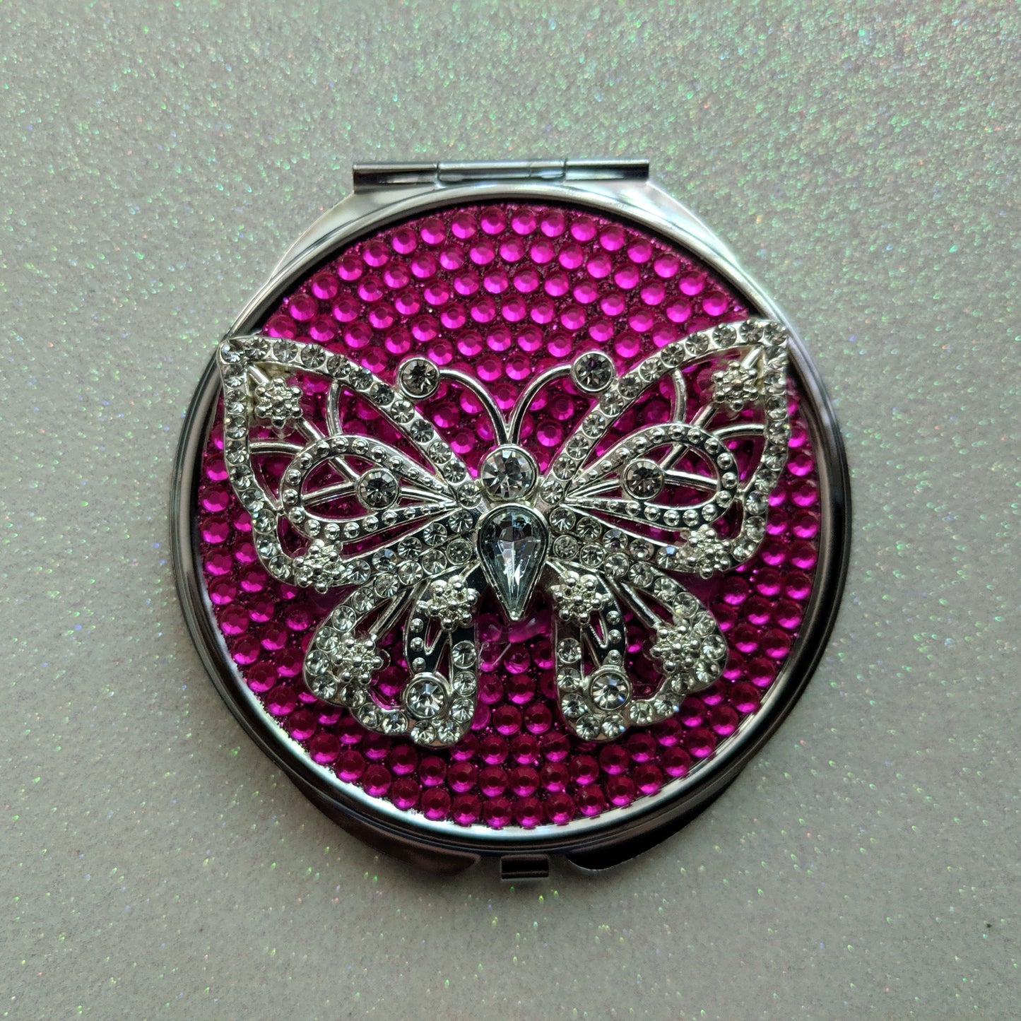 silver butterfly compact mirror